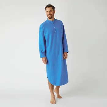 Müslüman Erkek Pijama Pijama Gecelik Uzun Kollu Düğme Katı Uzun Gömlek Pijama Erkek Düğme Yaka Arap Elbise Pijama Erkek