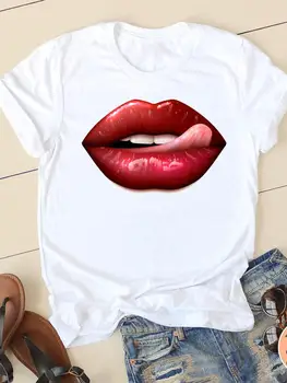 Suluboya Dudak Mektup Trend Giyim Yaz Kısa Kollu Rahat Tatlı Kadın Moda Grafik Tee T-Shirt Kadın T Shirt Elbise