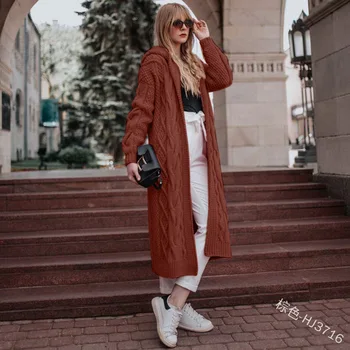 2022 sonbahar ve kış yeni rahat düz renk kapşonlu büküm örme uzun hırka kazak ceket kadın