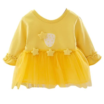 Bebek kız sonbahar düz renk uzun kollu yıldız dekor dikiş tül elbise