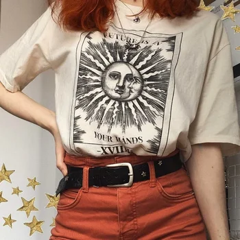 Kuakuayu HJN Gelecek Sizin Elinizde Güneş Ve Ay Baskı Bej T-Shirt Vintage Moda Grunge Stil Tee Estetik Gömlek