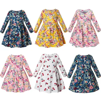 Bahar Sonbahar çocuk elbiseleri Kızlar için Uzun Kollu Pamuklu Çocuk Giysileri Çiçek Baskı Bebek Elbise Çocuk Giyim Kız Elbise