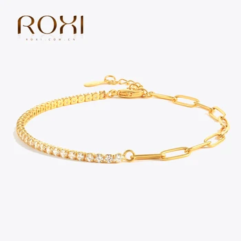 ROXI Yarım Kristal Yarım Link Zinciri Bilezik Kadınlar için moda takı Pulseras mujer Altın Renk Bilezik Charm Bransoletki