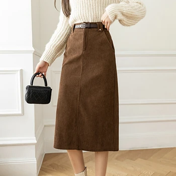 Kadınlar Kore Orta Buzağı Etekler Sonbahar Moda Rahat Yüksek Bel A-Line Etek Bayanlar İnce Streetwear Paket Kalça Etekler Kadın