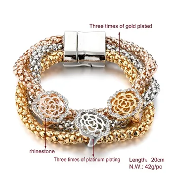 LongWay 3 adet / takım Altın Renk Çiçek Charm Bilezikler Kadınlar için Kristal Bilezik ve Bileklik Düğün & Nişan Takı SBR160367