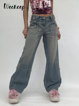 Weekeep Baggy Denim Anne Kot Kadınlar Yüksek Bel Vintage Büyük Boy kargo pantolon Casual Streetwear Harajuku Düz Bacak Kot Femme