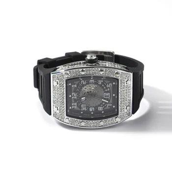 UWIN Kare kadranlı saat Tam Rhinestones Buzlu Out Gümüş Renk Kuvars bilek saatleri Siyah Kuşak Erkekler Kadınlar için Moda Hediye