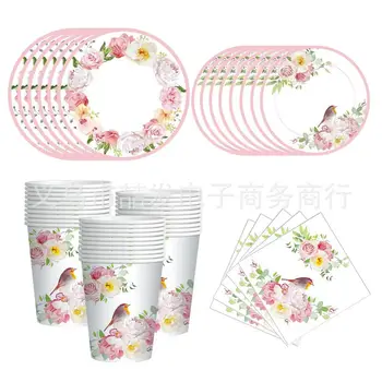 Gül çiçek seti Bebek duş Düğün Çay partisi yemeği tek kullanımlık doğum günü partisi malzemeleri kağıt tabak kağıt bardak kağıt havlu balon