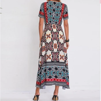 Moda kadın giyim Yaz Retro Halk Tribal Baskı Kısa Kollu Yüksek Bel Çok renkli Gidip Salıncak Etek İnce Maxi Elbise