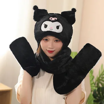 Kawaii Sanrio Eşarp Eldiven Şapka Hello Kittys Aksesuarları Sevimli Anime Hepsi Bir Arada Üç Adet Set Sıcaklık Rüzgar Geçirmez Oyuncaklar Kız Hediye