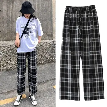 HOUZHOU Kore Tarzı Geniş Bacak Pantolon Kadın Streetwear İnce Yaz Ekose pantolon Büyük Boy Kadın Damalı Pantolon Yüksek Bel