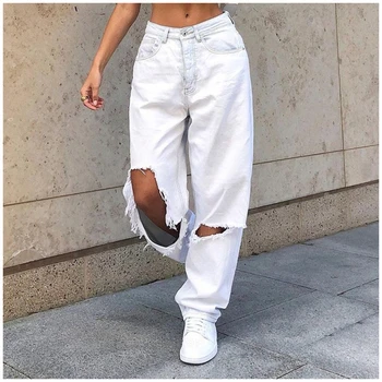 Yüksek Bel Delik Yırtık Beyaz Kot Kadın Y2K Vintage 90S Denim düz pantolon Streetwear İçi Boş Erkek Arkadaşı Baggy Denim Pantolon