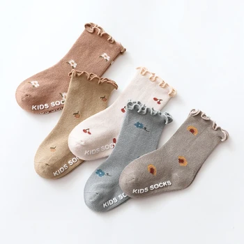 KLV 0-5 Yıl Toddlers Kızlar Fırfırlı Çorap Yumuşak Pamuk Bebek Ayak Bileği Çorap Çiçek Desen Çocuk Çorap Anti Kayma Bebek Kat Çorap