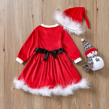 Bebek Kız Noel Giyim 2 ADET Set Uzun Kollu Elbise ve Şapka Kemer Dekorasyon Peluş Kabarık Giyim Noel Santa Elbise Elbise
