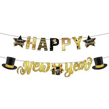 2023 Mutlu Yeni Yıl Partisi Malzemeleri Siyah Altın Afiş Spiral Kolye Kek Topper Balon Tezahürat 2023 Mutlu Yeni Yıl Partisi Dekoru