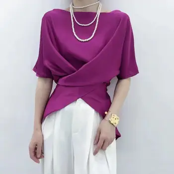 2022 kısa kollu kadın yaz elbisesi Kore bel orta uzunlukta üst düzensiz çapraz omuz t-shirt kırpma üst Pamuk