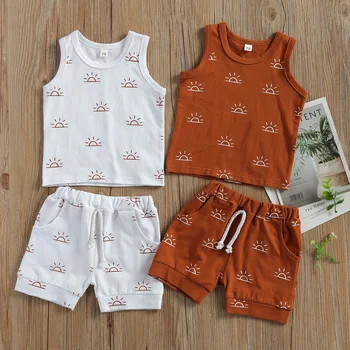 0-3Years Yaz Yenidoğan Bebek Erkek Kız Elbise 2 parça Kıyafet Moda Güneş Baskı Tank Top+şort takımı Çocuklar için