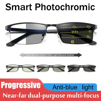 Yüksek Kaliteli Fotokromik okuma gözlüğü Erkekler İlerici Multifokal Reçine Anti-Mavi Işın Presbiyopik Gözlük Metal Çerçeve