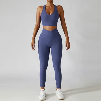 2 Parça Set Kadın egzersiz kıyafeti Dikişsiz Spor Yoga Seti Spor Spor Kırpma Üst Spor Sutyen Tayt Aktif Giyim Kıyafet Takım Elbise