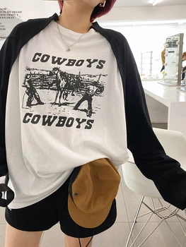Kadın BF Tarzı Büyük Boy Kontrast Renk Tee 2022 Sonbahar Yeni Vintage Baskı T-shirt O-boyun Baggy Uzun Kollu Elbise Şık Harajuku
