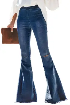 Yeni Siyah ve Mavi kadın Yüksek Bel Kot Alevlendi Pantolon Yırtık Elastik Bel Kot Moda günlük pantolon S-2XL Damla nakliye