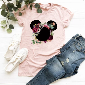 2019 Kadın Sevimli Karikatür Grafik Gömlek Çiçek Minnie T-shirt Moda Tatil Tees Eşleşen Aile Gömlek