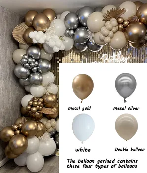155 adet / takım Çift Kayısı Beyaz Balon Garland Kemer Krom Metal Altın Gümüş Doğum Günü Partisi Balon Düğün yıldönümü dekoru