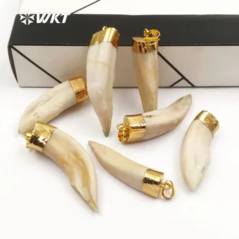 WT-P241 WKT Toptan orijinal wolfs dişler kolye ile altın renk kap inanılmaz ham boynuz kemik kolye takı yapımı için