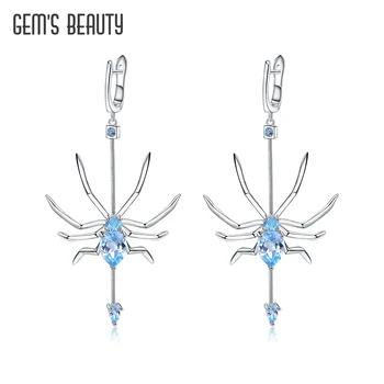 GEM'S GÜZELLİK Sky Blue Topaz Örümcek Küpe Gerçek 925 Ayar Gümüş Araneid Eardrop Orijinal Tasarım Serin Güzel Takı Kadınlar için