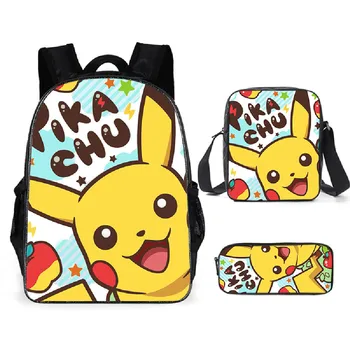 3 Adet / takım Anime Pokemon Okul Çantaları Sırt Çantaları Pikachu Çocuk Çantaları Büyük Kapasiteli Seyahat Çantası Gençler SchoolBag Kız Erkek Sırt Çantaları