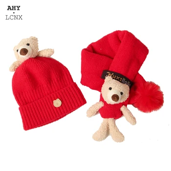 2 Adet Bebek Şapka Eşarp Seti Ponpon İle Çocuk Kasketleri Kap Sevimli Ayı Çocuklar Örme Erkek Kız Kış sıcak çocuk Kapaklar Yürümeye Başlayan Şapkalar
