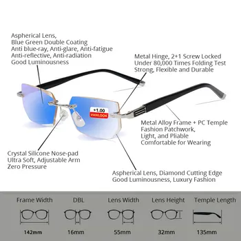 Vanlook erkek Çerçevesiz okuma gözlüğü Derece Yansıma Önleyici Gözlük Diyoptriden Görüş Görüş +1 1.5 2 2.5 3 3.5 4