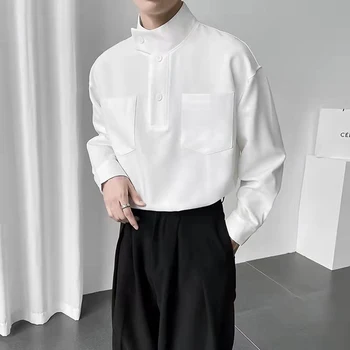 2023 Yeni Yarım yüksek Yaka Düz Renk Uzun Kollu Gömlek Erkekler İçin Tasarım Niş Lüks Kore Giyim Rahat Gevşek Kazak Gömlek
