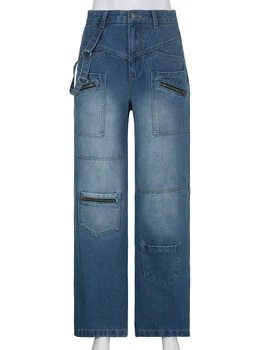 Weekeep Moda Vintage 2000s Streetwear Kot Kadın Düşük Bel Düğme Yukarı düz pantolon Kore Retro Baggy 90s Denim Kargo Pantolon