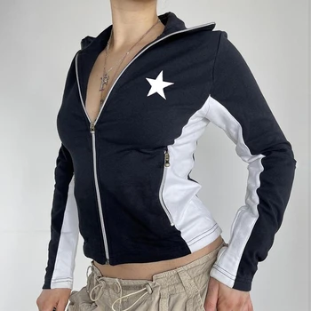 Y2k Elbise Kadın Ceket 2000'li yıllarda Estetik Zip Uzun Kollu Kırpma Üst Kat Ceketler Grunge Giyim Yamalı